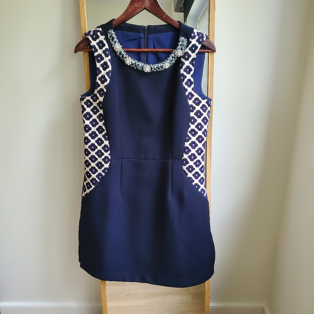 Navy structured dress with beading and jacquard